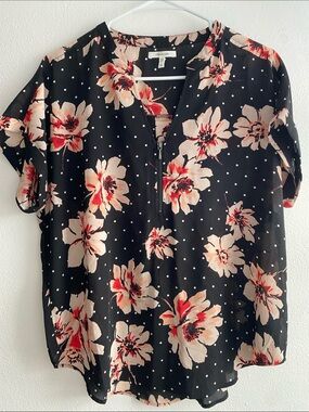 Maurices Black Floral Zip-Front Blouse with Cream and Coral Flowers